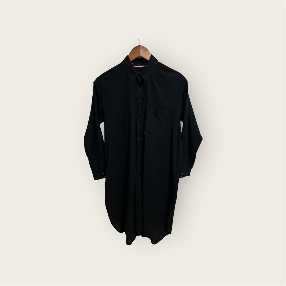 Maeve Anthropologie Black Long Sleeve Button Front Shirt Dress Hi/Low Hem